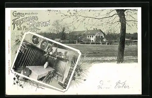 Lithographie Planegg, Gasthaus Forsthaus Kasten, Inneres Kneipzimmer