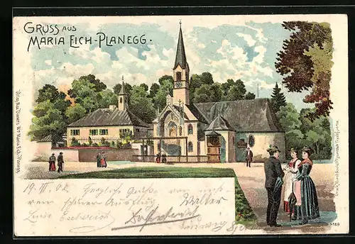 Lithographie Maria Eich-Planegg, Blick zur Kirche