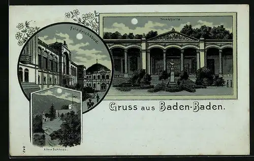 Mondschein-Lithographie Baden-Baden, Trinkhalle, Friedrichsbad, Altes Schloss