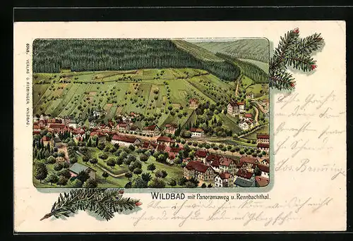 Lithographie Wildbad, Teilansicht mit Panoramaweg und Rennbachthal