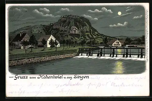 Lithographie Singen, Hohentwiel bei Mondschein