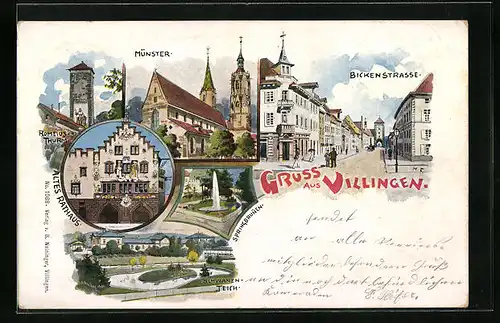 Lithographie Villingen, Münster, Altes Rathaus, Schwanenteich