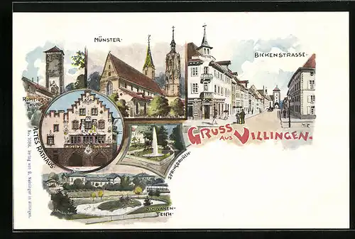 Lithographie Villingen, Münster, Altes Rathaus, Schwanenteich