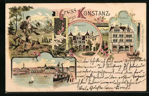 Lithographie Konstanz, Rathaushof, Rathaus, Uferpartie mit Dampfer