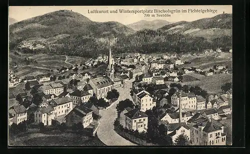 Künstler-AK Bischofsgrün / Fichtelgebirge, Teilansicht mit Strassenpartie und Kirche