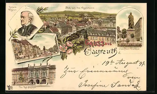 Lithographie Bayreuth, Blick nach dem Wagnertheater, Markt, Richard Wagner