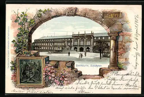 Passepartout-Lithographie Bayreuth, Schlossplatz, Wappen