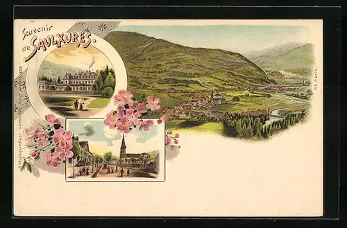 Lithographie Saulxures, Le Chateau, La Place et l`Eglise