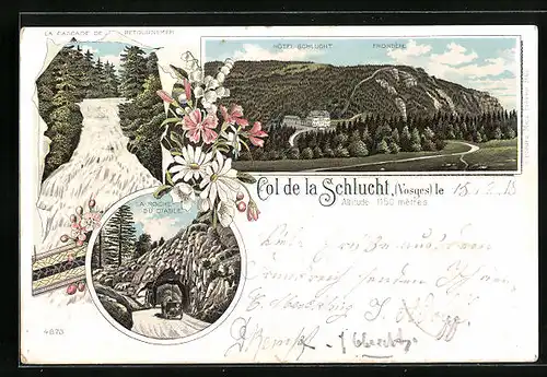 Lithographie Col de la Schlucht, La Cascade de Retournemer, Hotel Schlucht
