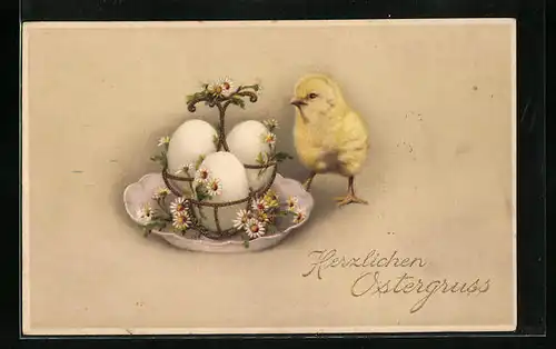 Künstler-AK Osterküken neben Schale voller Eiern