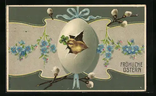 Präge-AK Fröhliche Ostern, Osterküken im Ei mit Vergissmeinnicht
