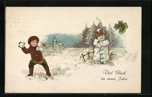 Künstler-AK Junge bewirft Schneemann mit Schneebällen