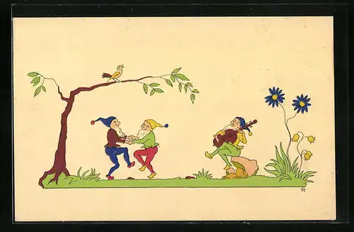 Künstler-AK Zwerge tanzen und spielen Gitarre