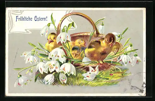 Präge-AK Osterküken mit Maiglöckchen