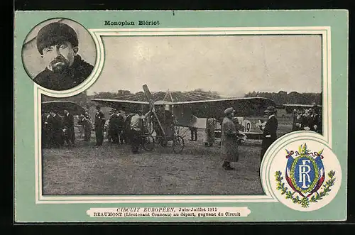 AK Monoplan Blériot, Beaumont au départ, gagnant du Circuit