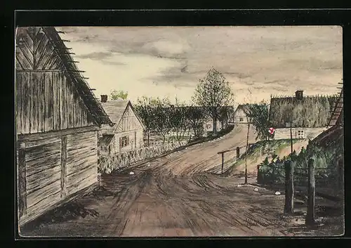 Künstler-AK Borowy, Redenstrasse mit Häusern 1915