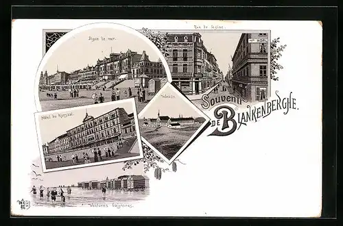 Lithographie Blankenberghe, Digue de mer, Rue de l`Eglise, Hotel du Kursaal