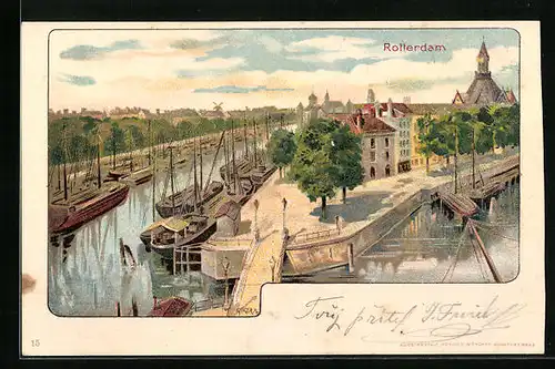 Künstler-AK Richard Hegedüs-Geiger: Rotterdam, Ortspartie mit Booten