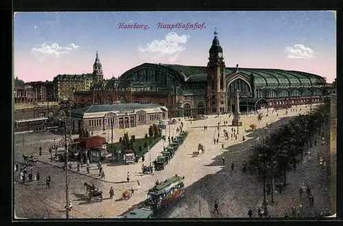 AK Hamburg, Hauptbahnhof mit Kutschen, Droschken und Strassenbahn