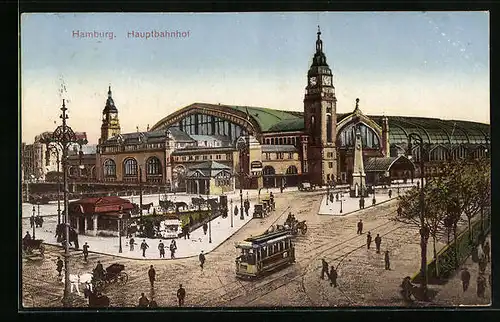 AK Hamburg, Hauptbahnhof mit Strassenbahn aus der Vogelschau