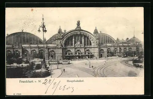 AK Frankfurt a. M., Hauptbahnhof aus der Vogelschau, Strassenbahn
