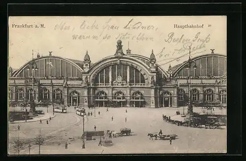 AK Frankfurt a. M., Hauptbahnhof mit Pferdewagen und Strassenbahnen