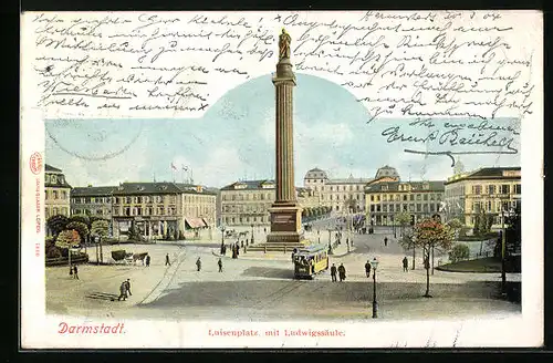 AK Darmstadt, Luisenplatz mit Ludwigssäule, Strassenbahn