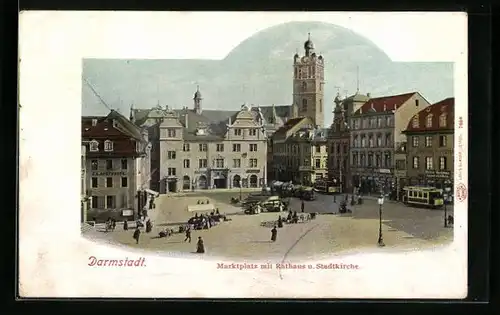 AK Darmstadt, Marktplatz mit Rathaus und Stadtkirche, Strassenbahn