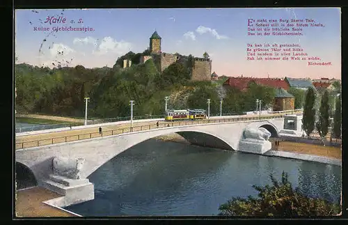 AK Halle a. S., Ruine Giebichenstein mit Saalebrücke und Strassenbahn