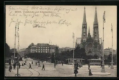 AK Wien, Votivkirche und Schottenthor, Strassenbahn