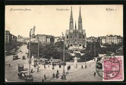 AK Wien I., Maximilian-Platz mit Votiv-Kirche und Strassenbahn