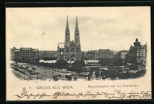 AK Wien, Maximilianplatz mit der Votivkirche, Strassenbahn