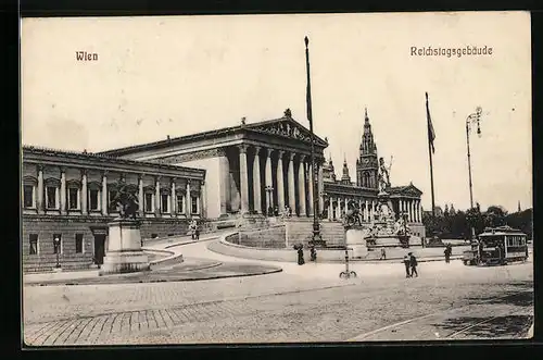 AK Wien, Reichstagsgebäude mit Strassenbahn