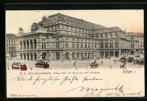 AK Wien I., K. k. Hof-Operntheater mit Strassenbahnen