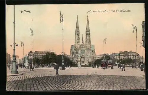 AK Wien, Maximiliansplstz mit Votivkirche, Strassenbahn