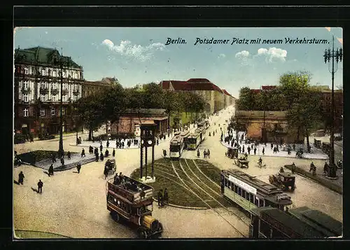AK Berlin, Potsdamer Platz mit neuem Verkehrsturm, Strassenbahn