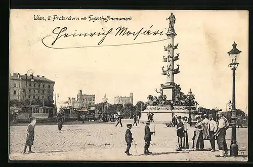 AK Wien II., Praterstern mit Tegetthoffmonument, Strassenbahn