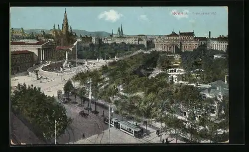 AK Wien I., Franzensring aus der Vogelschau, Strassenbahn