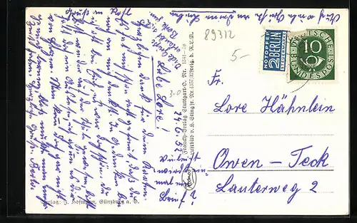 AK Günzburg a. D., Fliegeraufnahme des Ortes