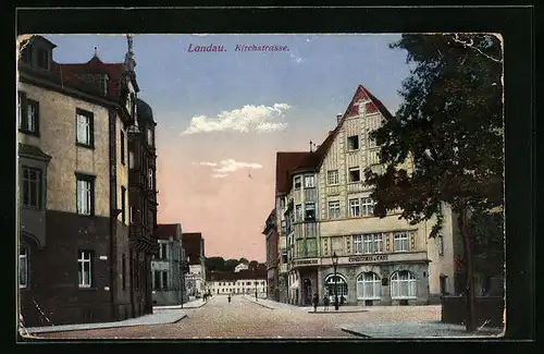 AK Landau, Kirchstrasse mit Conditorei und Cafe