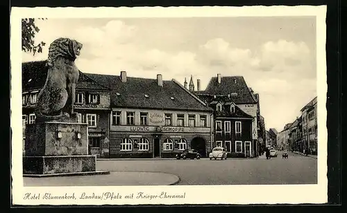 AK Landau /Pf., Hotel Blumenkorb mit steinernem Löwen