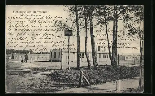 AK Darmstadt, Übungsplatz Wellblechhausen - Baracken mit Eingang