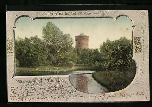 AK Wilhelmshaven, Partie aus dem Park mit Wasserturm