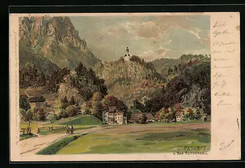 Künstler-AK St. Pankraz b. Bad Reichenhall, Ortspartie aus der Ferne