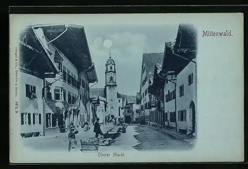 Mondschein-AK Mittenwald, Strassenpartie am oberen Markt