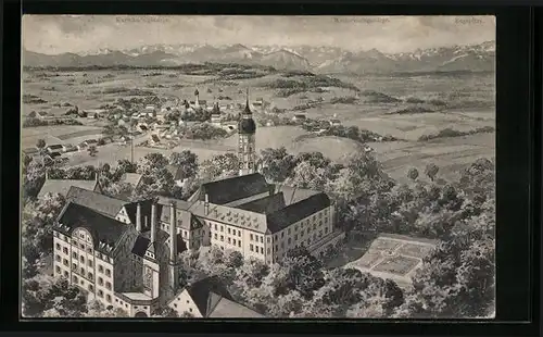 Künstler-AK Andechs, Blick auf das gleichnamige Kloster gegen den Erling aus der Vogelschau