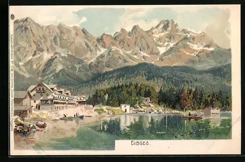 Lithographie Eibsee, Teilansicht mit Landschaftspanorama