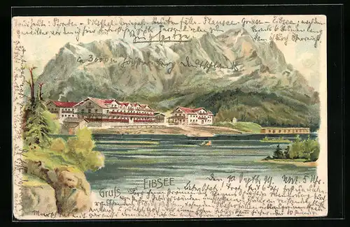 Lithographie Eibsee, Teilansicht mit Landschaftspanorama