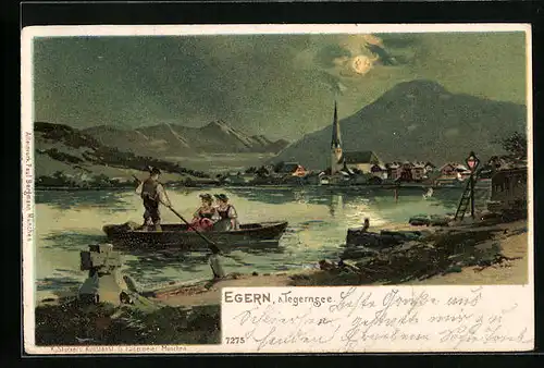 Mondschein-Lithographie Egern am Tegernsee, Totalansicht bei Nacht mit Seeblick