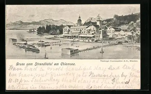 Künstler-AK Chiemsee, Blick auf das Strandhotel mit Dampfer